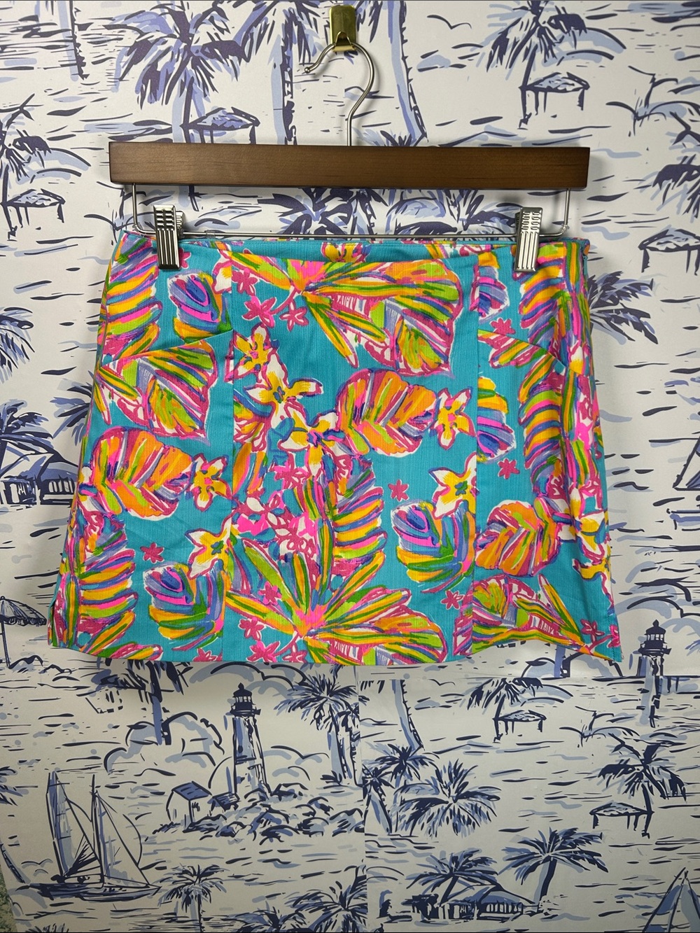 Lilly Pulitzer Sea Blue Tropical Floral Skort with Pink and Yellow Accents